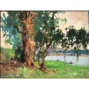 Guilherme d'Oliveira Marques (1887 Brésil - 1960 Kinshasa). " Pirogues au bord du lac".