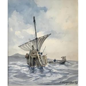 Carl Saltzmann (berlin, 1847–potsdam, 1923). “junk In The Sea Of Japan.” 1880. Watercolor.