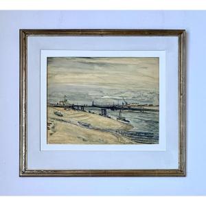 Rodolphe Strebelle (Tournai, 1880 - Uccle, 1959). " Nieuport". 1935. Aquarelle.