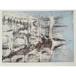 Krishna Reddy (Nandanoor,Inde 1925 – New York, États-Unis 2018). "River". 1959. Gravure .