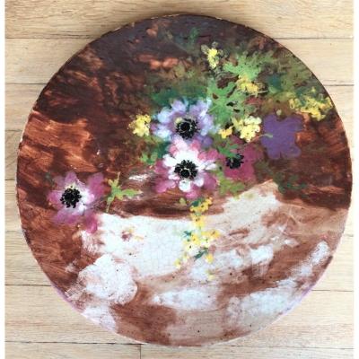 Impressionist Ceramics. Dish With Anemones And Yellow Flowers. Slip Painting. End Of 19 °