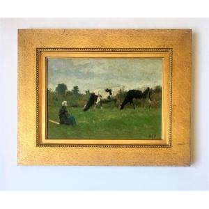 Adrien Joseph Heymans (1839 Antwerp, 1921 Brussels). "young Cowherd At Rest". Impressionism
