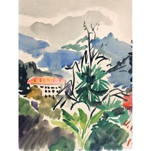 Marie Howet ( Libramont, 1897 - 1984).  "Paysage méditerranéen ". Aquarelle.