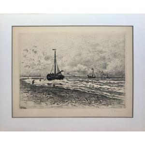 Roland Anheisser (1877, Düsseldorf-1949, Hesse).  "Marine à Heist". 1912. Gravure.