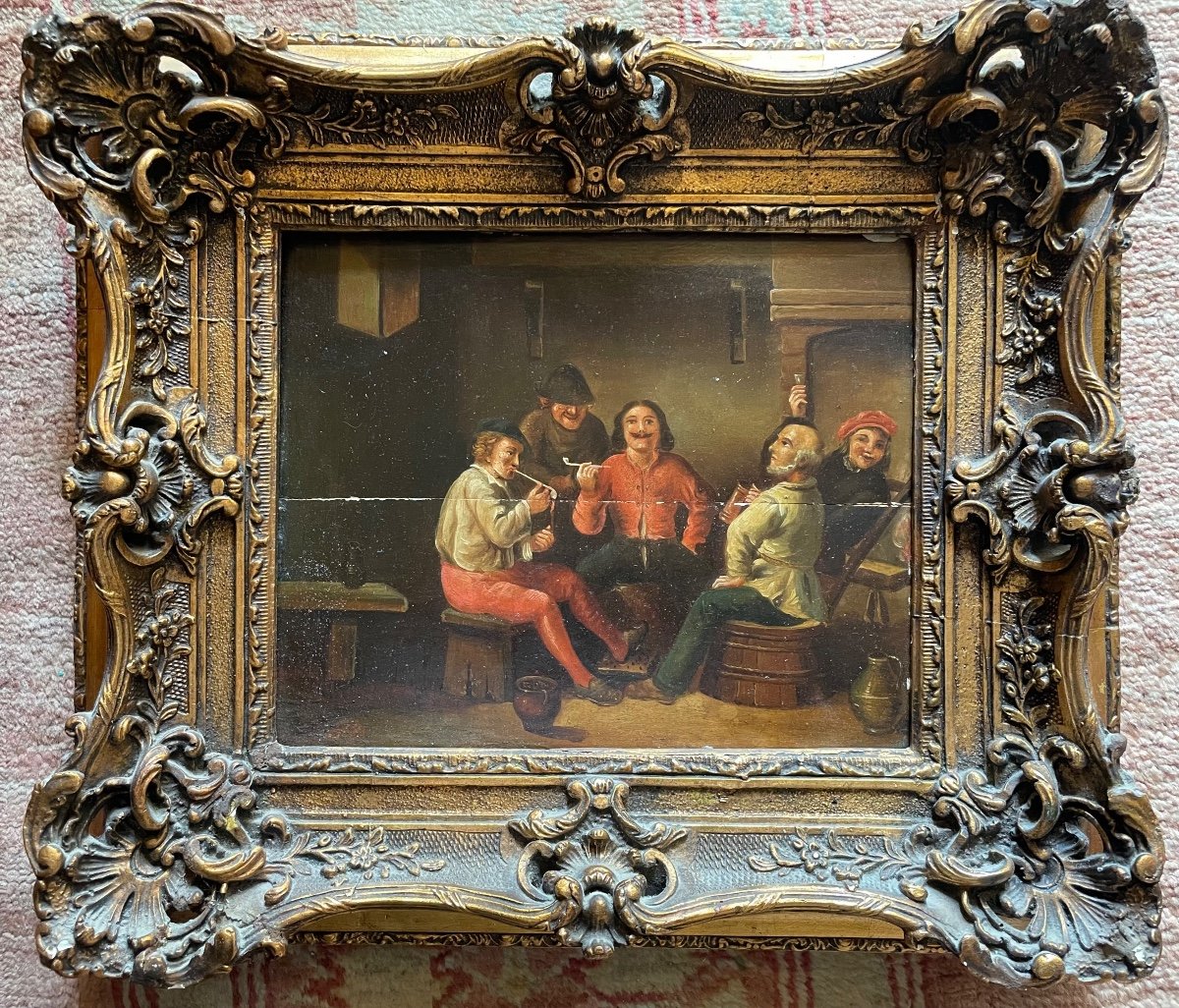 Oil On Dutch Panel Representing A Tavern Scene