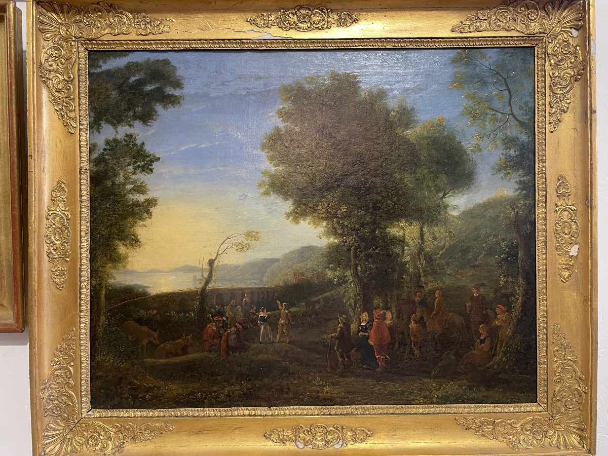 Huile sur toile époque 17 ème représentant un paysage animé -photo-2