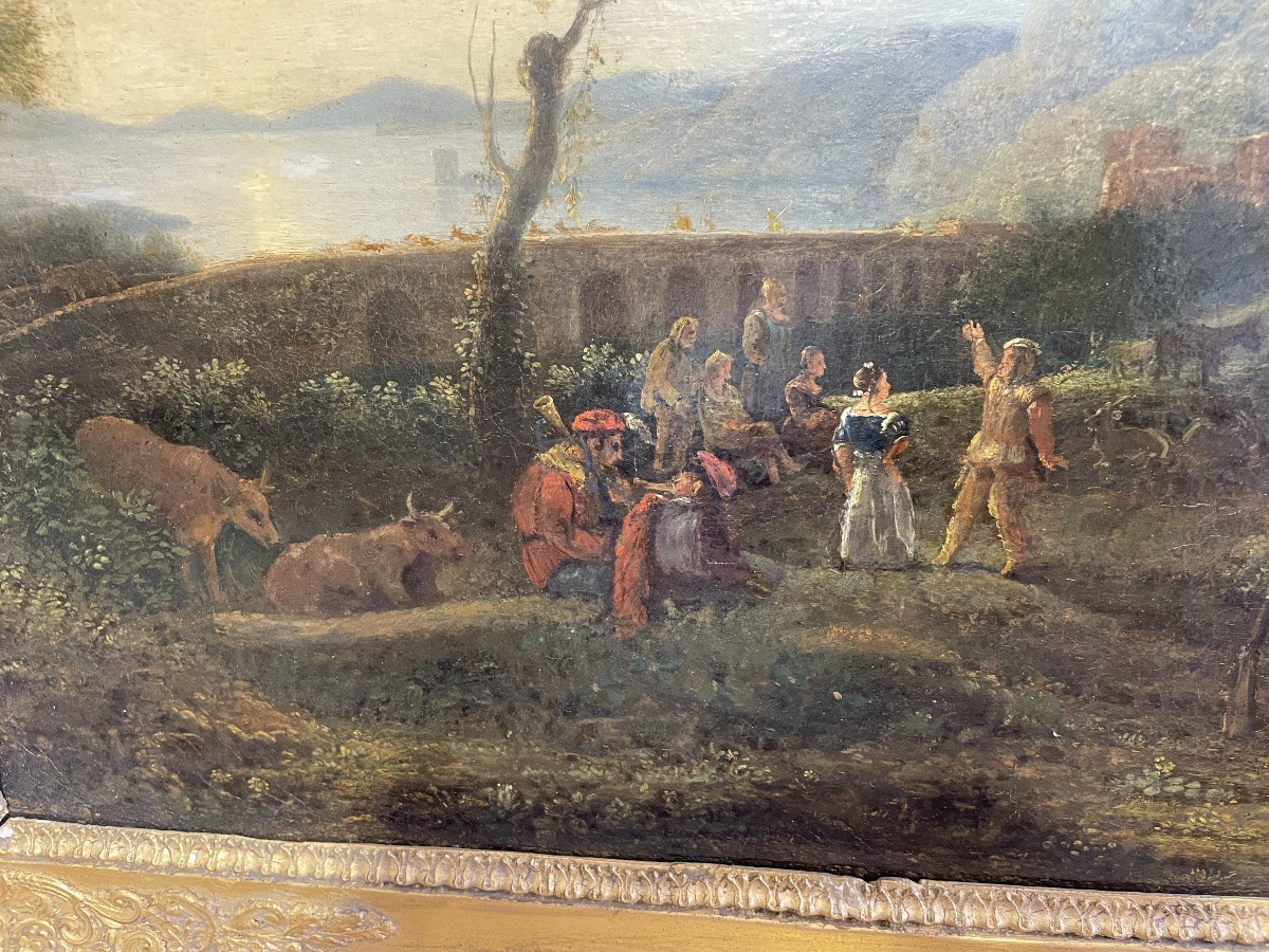 Huile sur toile époque 17 ème représentant un paysage animé -photo-1