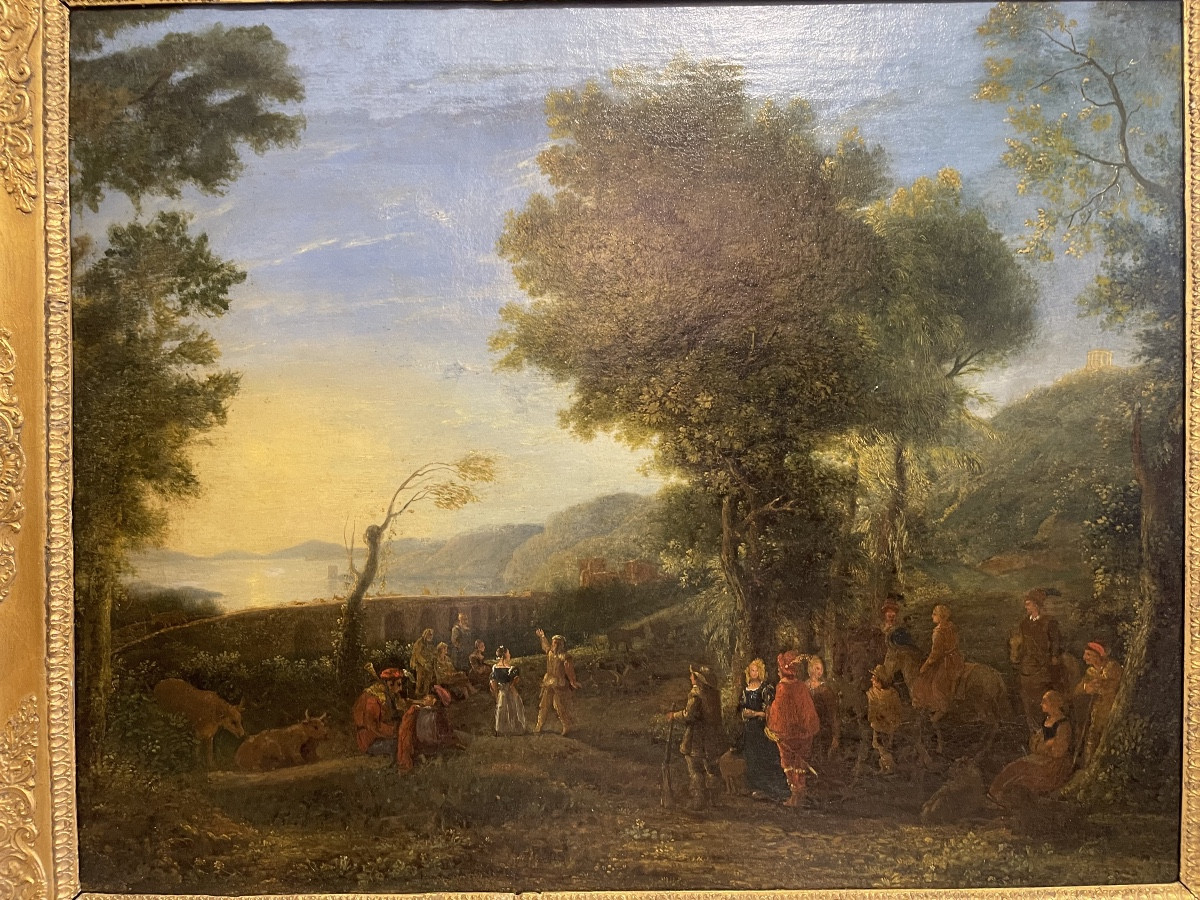 Huile sur toile époque 17 ème représentant un paysage animé 