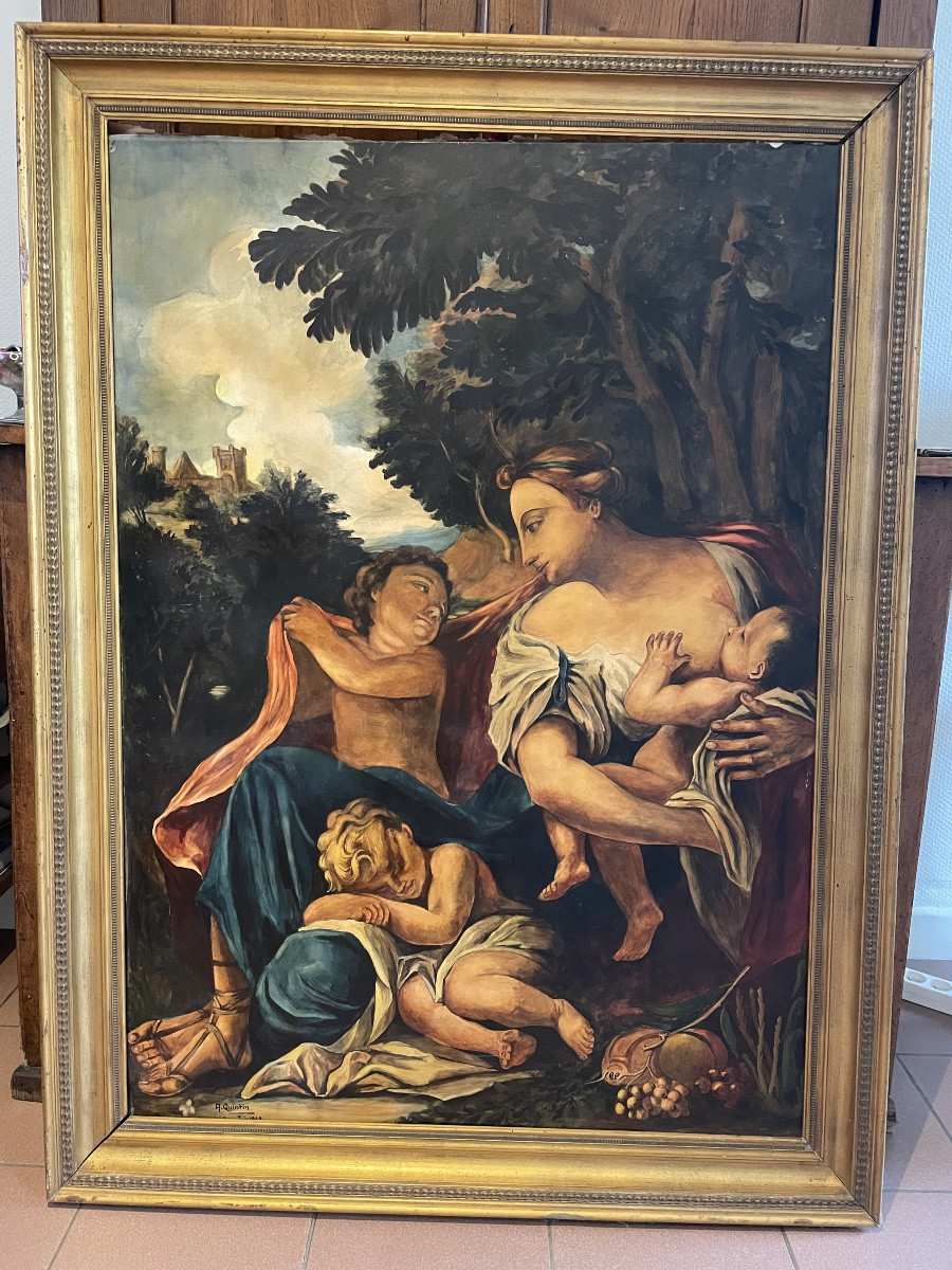 Grand tableau décoratif représentant une mère allaitant son enfant 