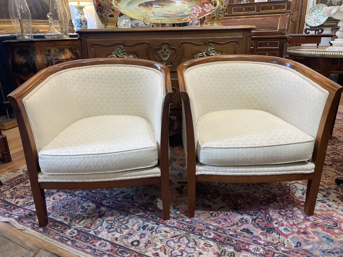Pair Of Barrel Armchairs In Stained Beech, Recently Reupholstered 