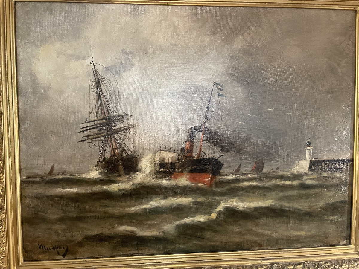 Oil On Canvas Signed Malfroy Representing Boats At The Quays 