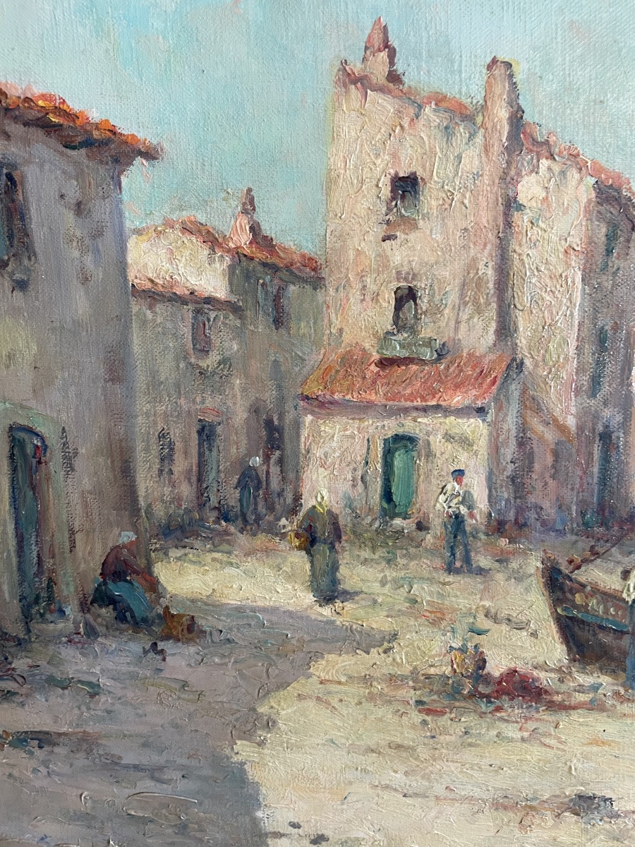 Huile sur toile représentant un paysage animé provençal signé Malfroy -photo-5