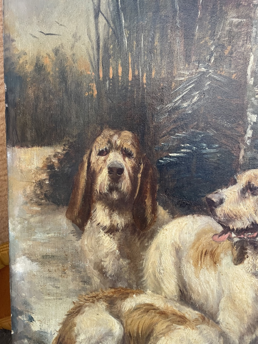 Oil On Canvas Depicting Relay Dogs In The Snow 1891 Signed Samson -photo-3