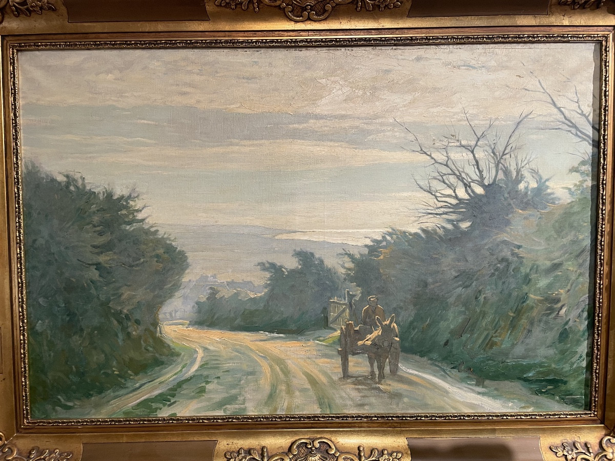 Huile sur toile représentant un chemin arboré et animé -photo-2
