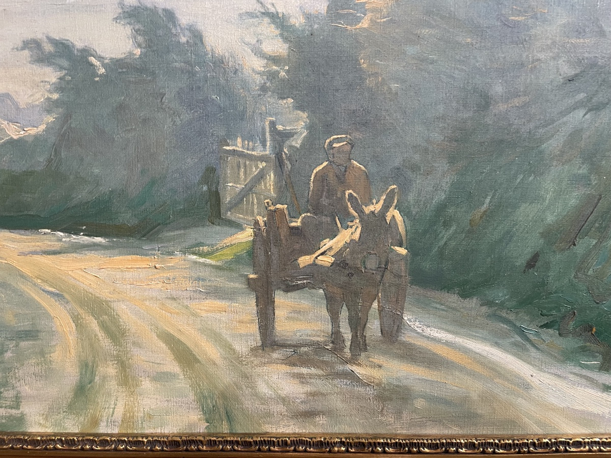 Huile sur toile représentant un chemin arboré et animé -photo-3