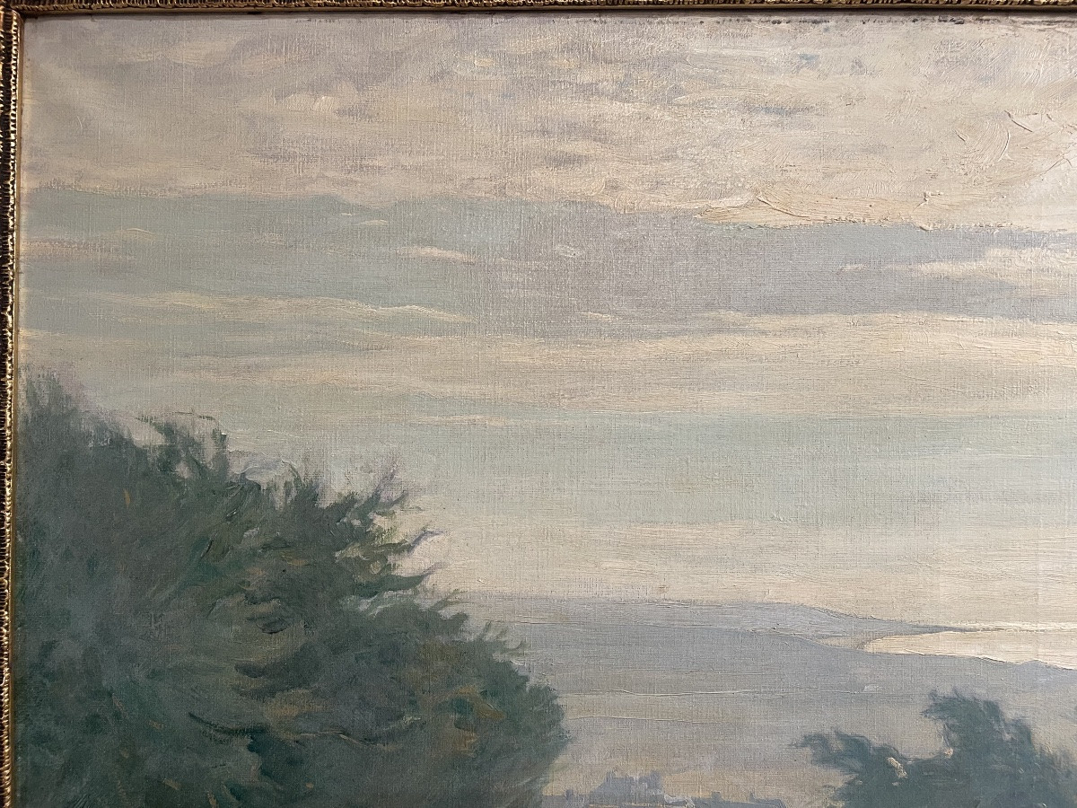 Huile sur toile représentant un chemin arboré et animé -photo-1