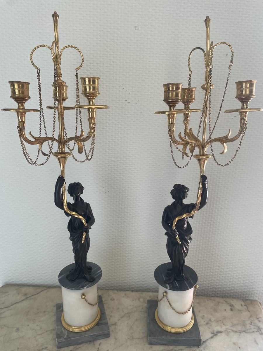 Pair Of Bronze And Marble Candelabras From The Directoire Period 