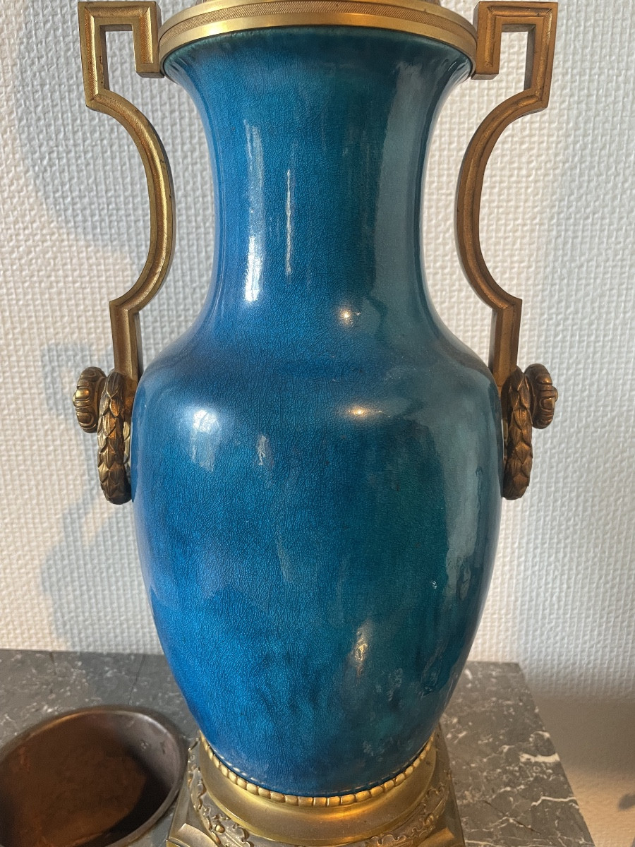 Pair Of Blue Earthenware Oil Lamps Mounted On Gilt Bronze Bases-photo-3