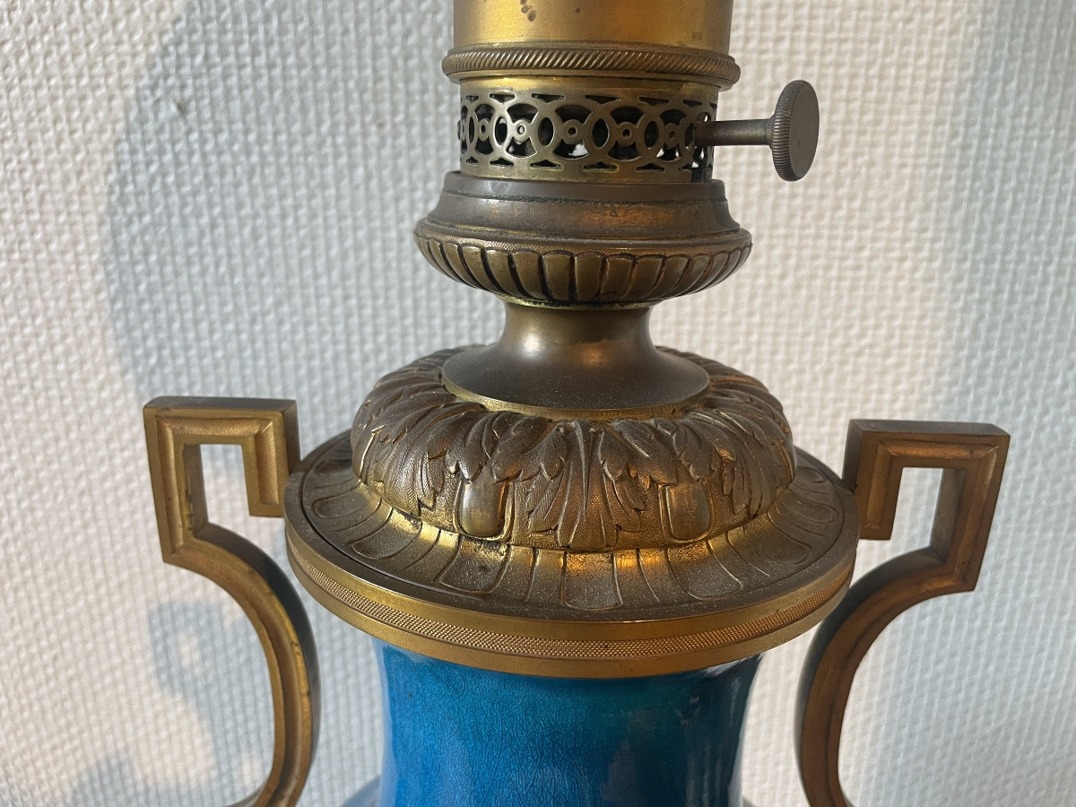 Pair Of Blue Earthenware Oil Lamps Mounted On Gilt Bronze Bases-photo-4