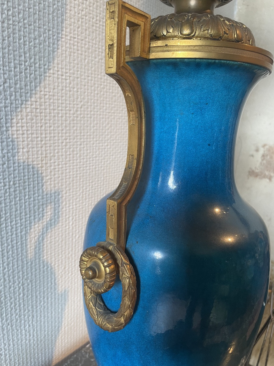 Pair Of Blue Earthenware Oil Lamps Mounted On Gilt Bronze Bases-photo-1
