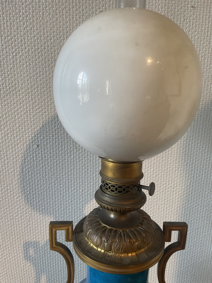 Pair Of Blue Earthenware Oil Lamps Mounted On Gilt Bronze Bases-photo-2