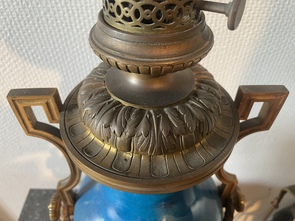 Pair Of Blue Earthenware Oil Lamps Mounted On Gilt Bronze Bases-photo-3