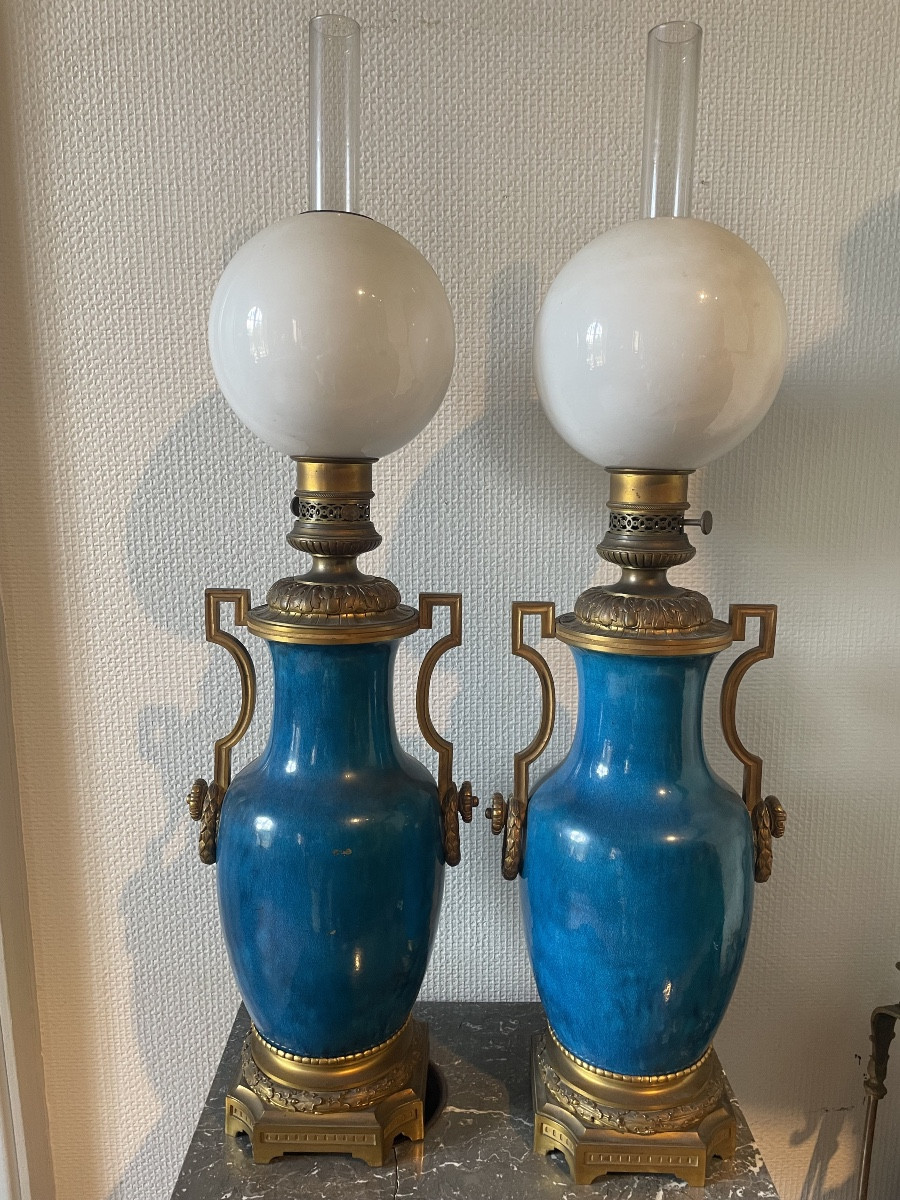 Pair Of Blue Earthenware Oil Lamps Mounted On Gilt Bronze Bases