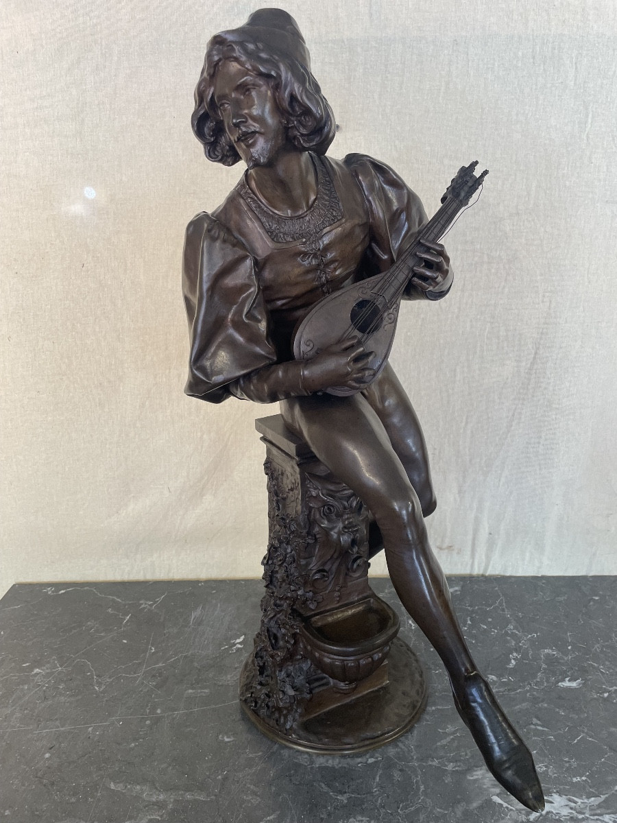Bronze By Paul Fournier Depicting A Mandolin Player Or Minstrel