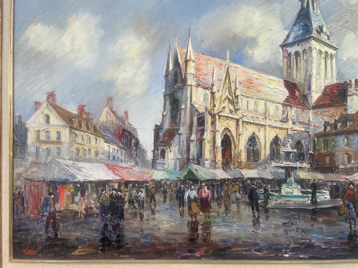 Huile sur toile signée Frank will représentant une place un jour de marché -photo-2