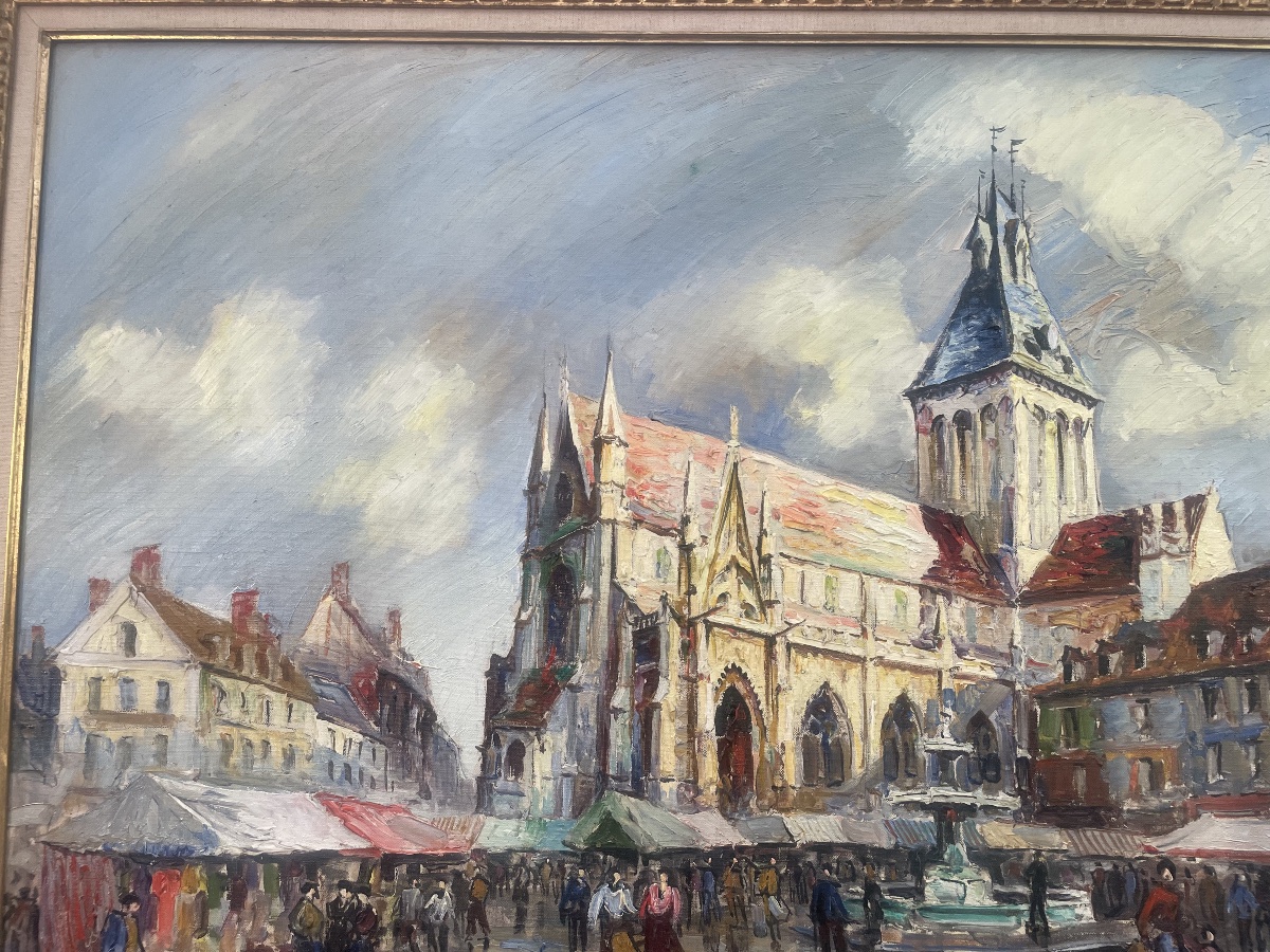 Huile sur toile signée Frank will représentant une place un jour de marché -photo-1