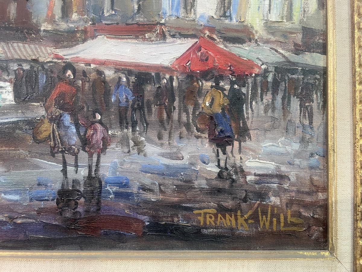 Huile sur toile signée Frank will représentant une place un jour de marché -photo-2