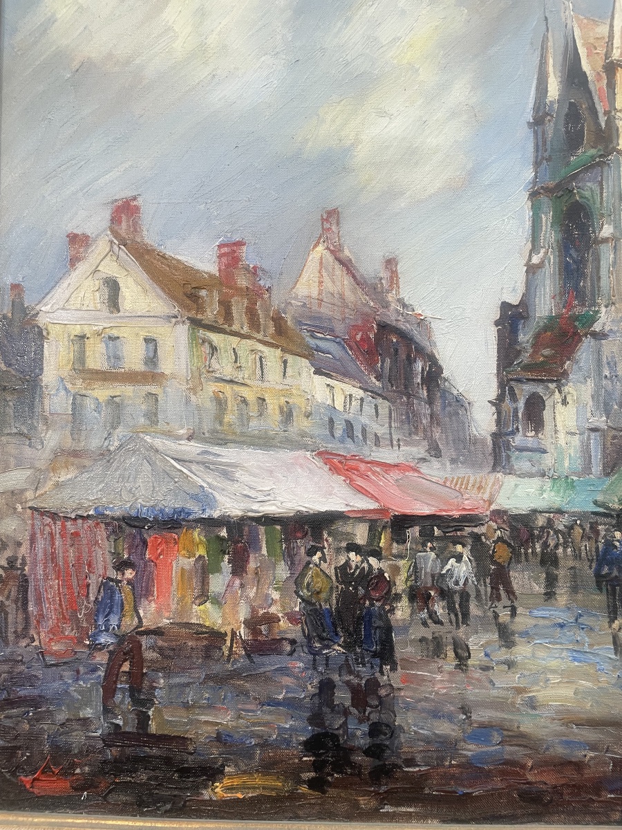Huile sur toile signée Frank will représentant une place un jour de marché -photo-4