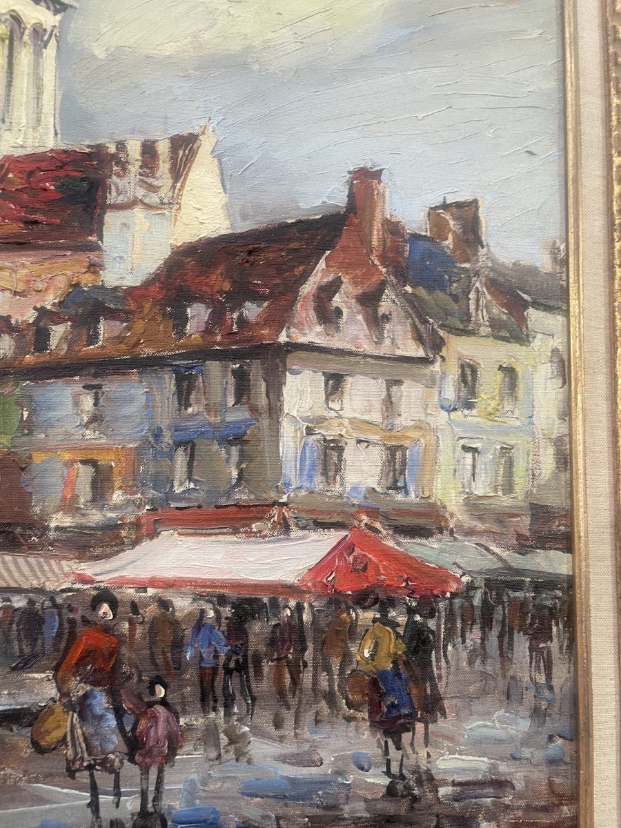 Huile sur toile signée Frank will représentant une place un jour de marché -photo-6