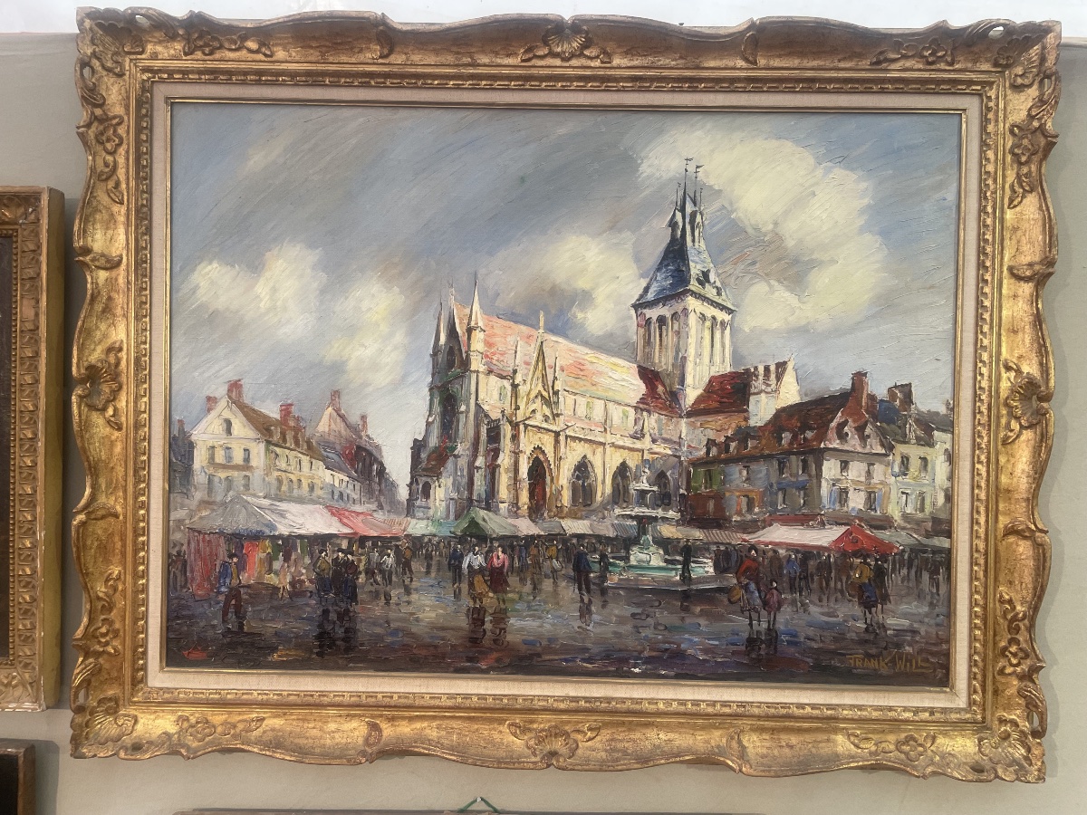 Huile sur toile signée Frank will représentant une place un jour de marché 