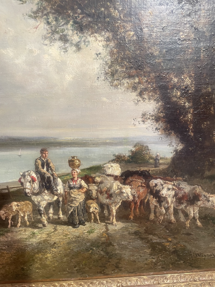Oil On Canvas Depicting The Return Of The Herd, By J. Veyrassat-photo-4