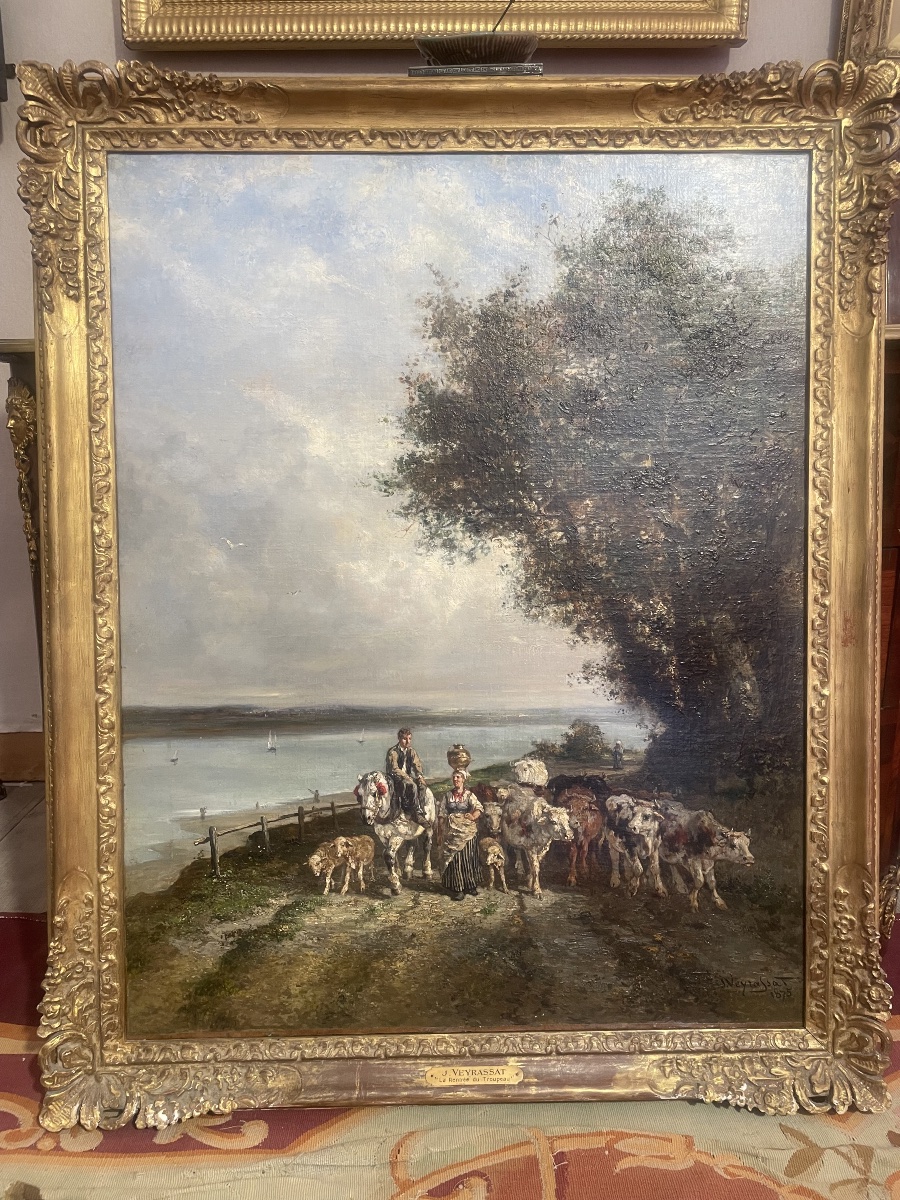 Oil On Canvas Depicting The Return Of The Herd, By J. Veyrassat