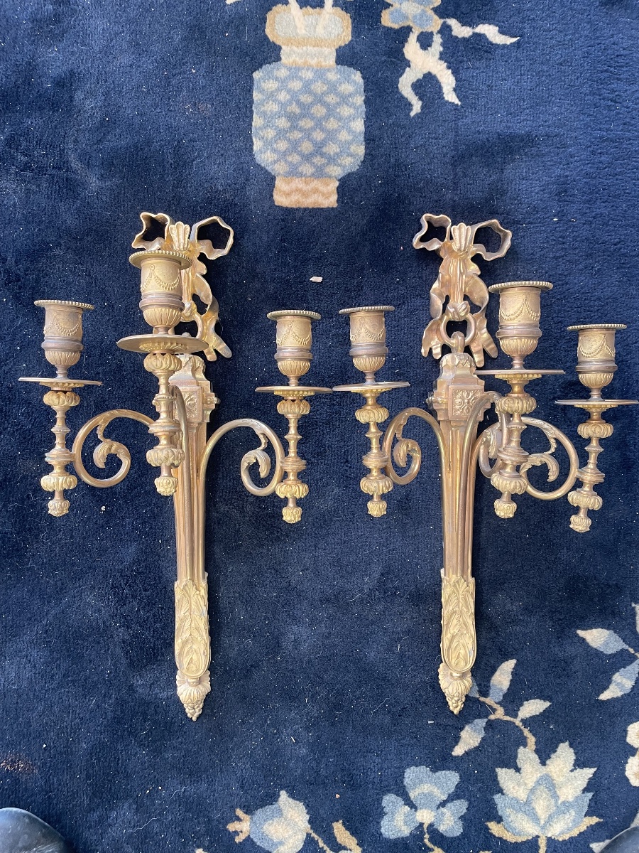 Pair Of Louis XVI-style Wall Sconces In Gilded Bronze 