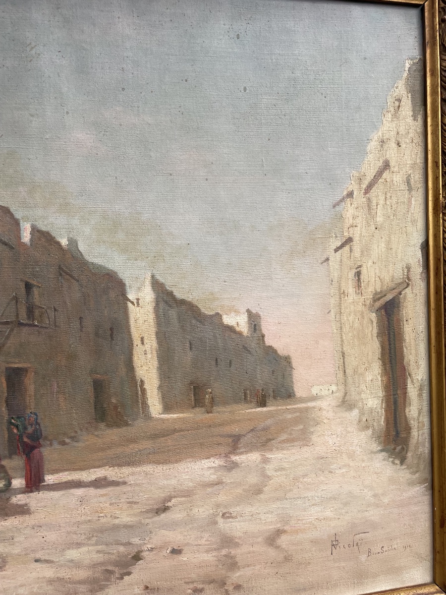 Oil On Canvas Depicting The Main Street Of Bou Saïda, Signed And Dated P. Nicolai 1912-photo-4