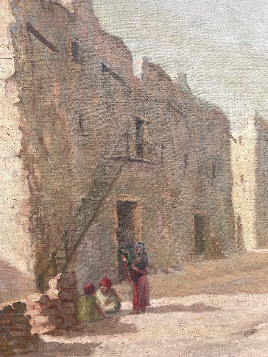 Oil On Canvas Depicting The Main Street Of Bou Saïda, Signed And Dated P. Nicolai 1912-photo-3