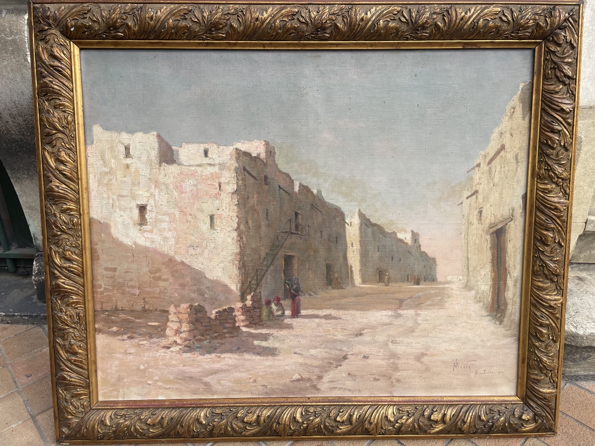Oil On Canvas Depicting The Main Street Of Bou Saïda, Signed And Dated P. Nicolai 1912