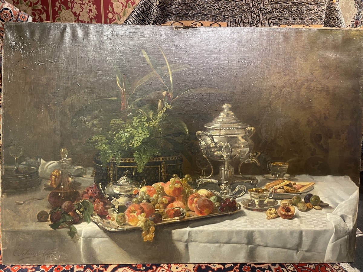 Oil On Canvas Depicting A Still Life With Fruit 