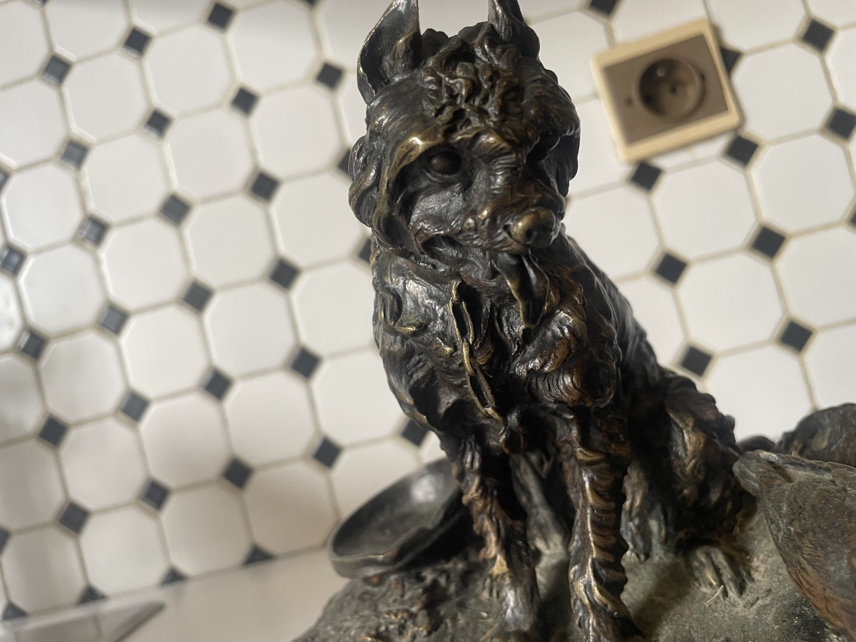 Bronze par Pierre Jules Mène daté 1858 représentant un chien griffon et deux pigeons -photo-5
