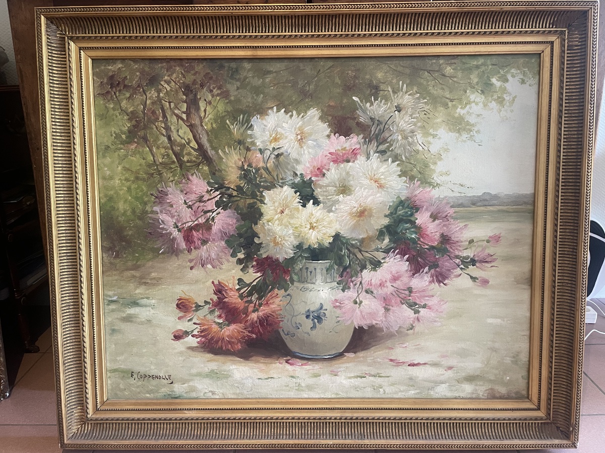 Huile sur toile représentant un bouquet de fleurs signé E. Coppenole