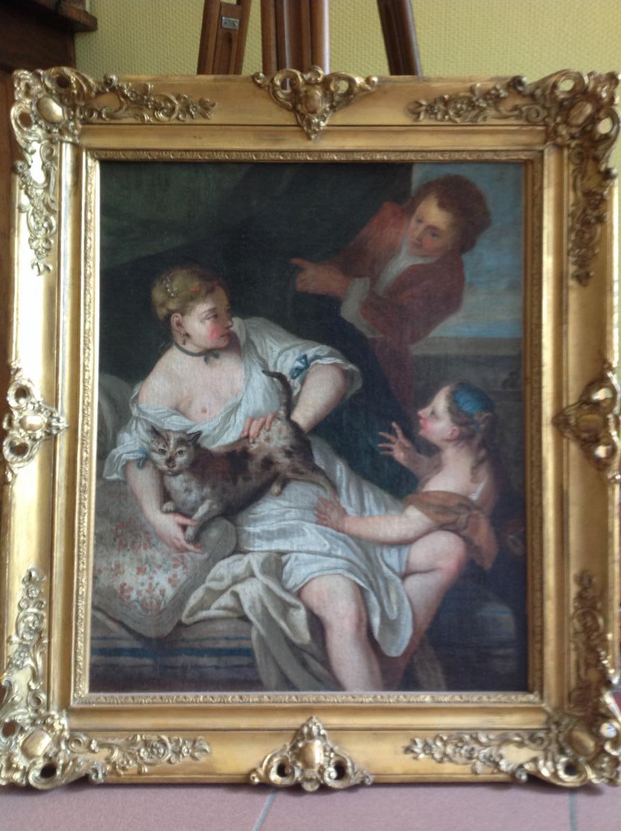 Oil On Canvas Follower Of F. Boucher Time 18 Eme The Woman At The Cat
