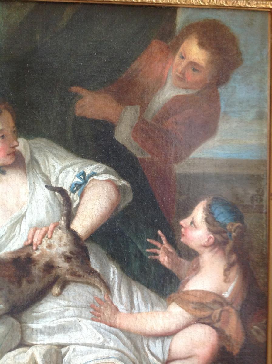 Oil On Canvas Follower Of F. Boucher Time 18 Eme The Woman At The Cat-photo-2