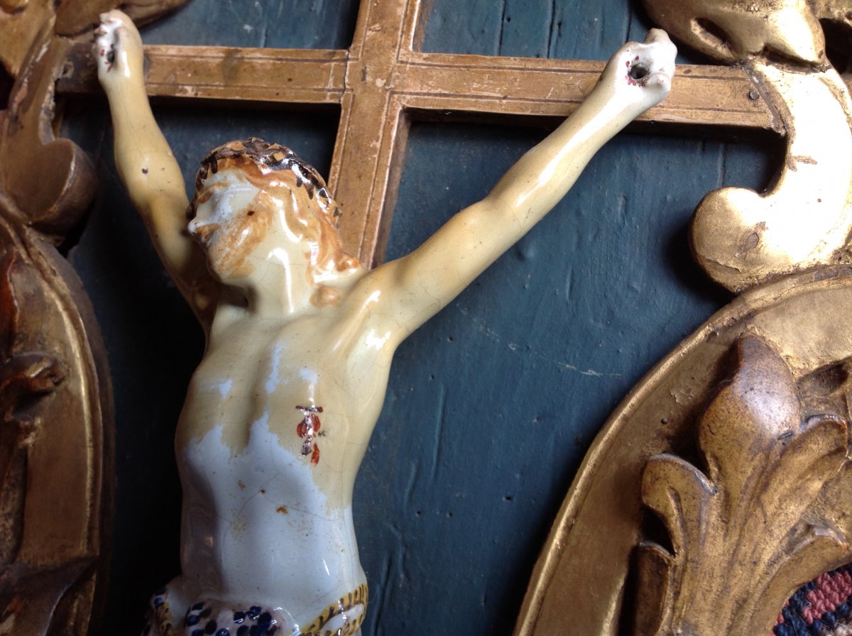 Christ In Earthenware From Sinceny 18th Time In A Golden Wood Framing-photo-8