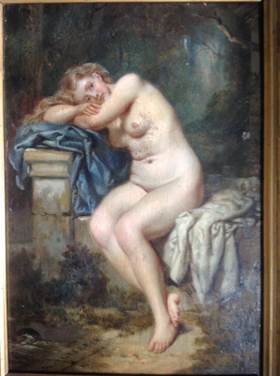 Oil On Panel Signed A. Lecaron Representing A Young Naked Girl On A Stone Bench-photo-2