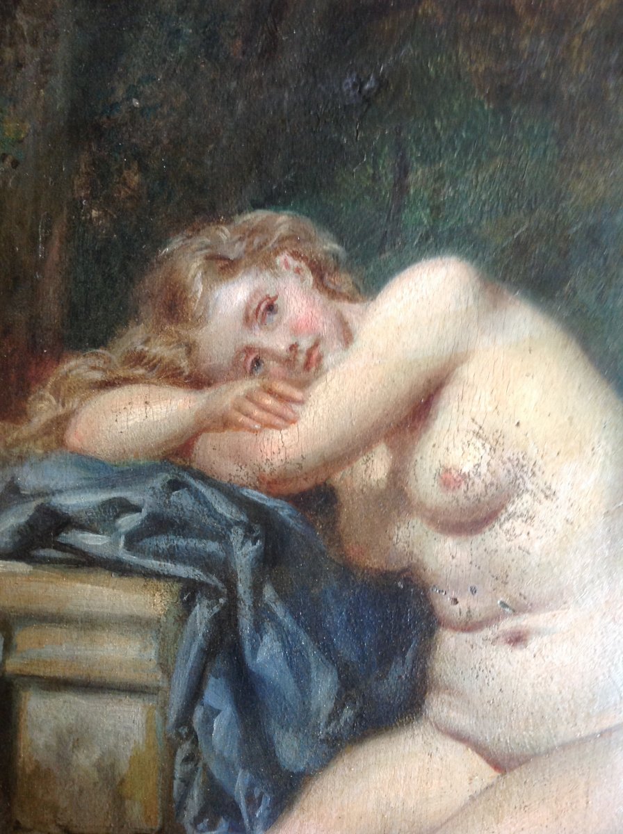 Oil On Panel Signed A. Lecaron Representing A Young Naked Girl On A Stone Bench-photo-4