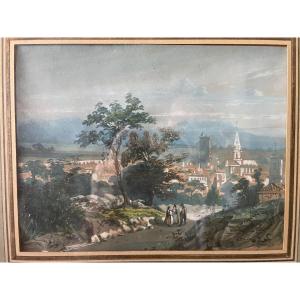 Watercolor By Amable Crapelet Representing The City Of Nîmes 