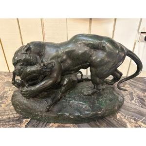 Bronze Sign Barye, Tiger Devouring An Antelope